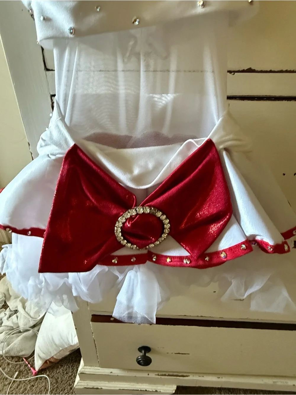 White & Red Kids Nurse Costume Dress with AB crystal rhinestones.